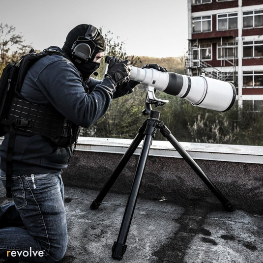 Spotting lens mounted on Revolve's Tactical Tripod, using the short legs.